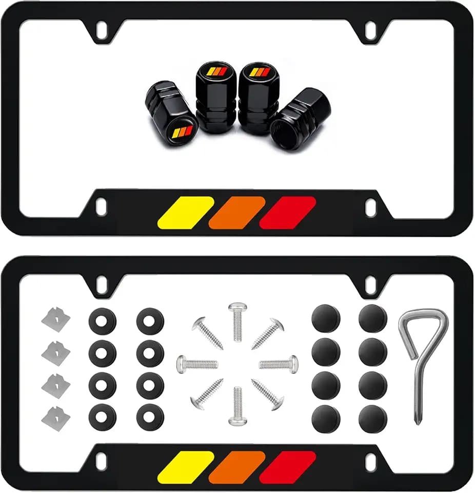 2 Pack Quality Aluminum Alloy License Plate Frames Holder 4 Hole Universal License Plate Holder Frame with Screw Caps Cover and Car Tire Valve Stem Caps Compatible with Toyota Car.