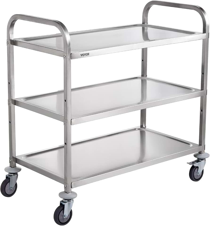 VEVOR Extra Large Utility Cart, 3 Tier Rolling Cart with Adjustable Shelf, Stainless Steel Kitchen Serving Cart with Swivel Casters Brake Wheels, Metal Food Storage Service Trolley, 37"L x 20"D x 37"H