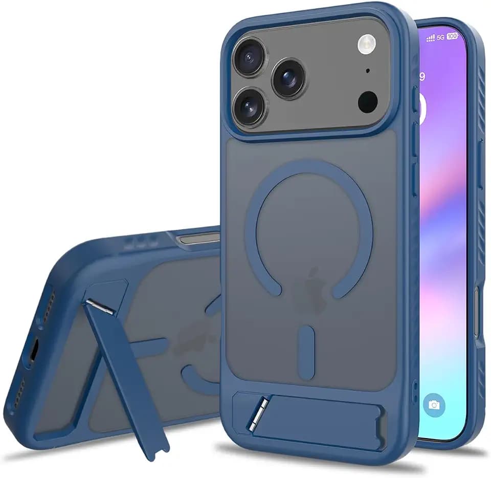 Matte 45° Holder Case with Built-in Magnetic Ring for iPhone – Strong Shock Absorption, Scratch-Resistant Acrylic, Slim Profile with Raised Edges (Blue, iPhone 15)
