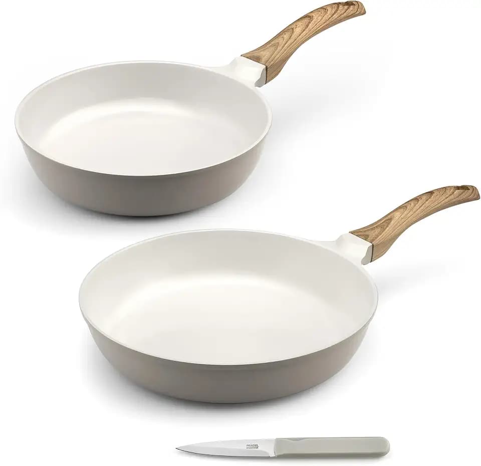 Cuisinox - Mythic – Back- und Besteck-Set – Bratpfanne 24/28 cm, Gemüsemesser – weiße Keramikbeschichtung – fester Soft-Touch-Griff in Holzoptik – ohne PFOA und PFAS
