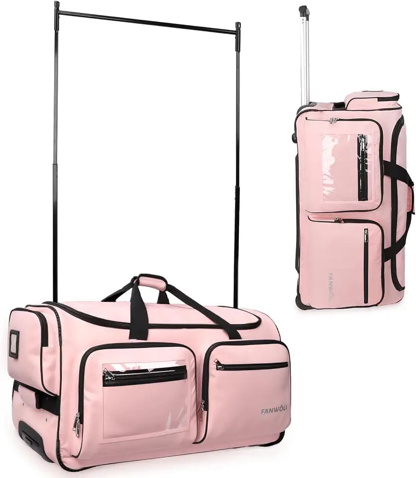 Fanwoli 23" Dance Bag with Garment Rack, Rolling Duffel, Candy Pink