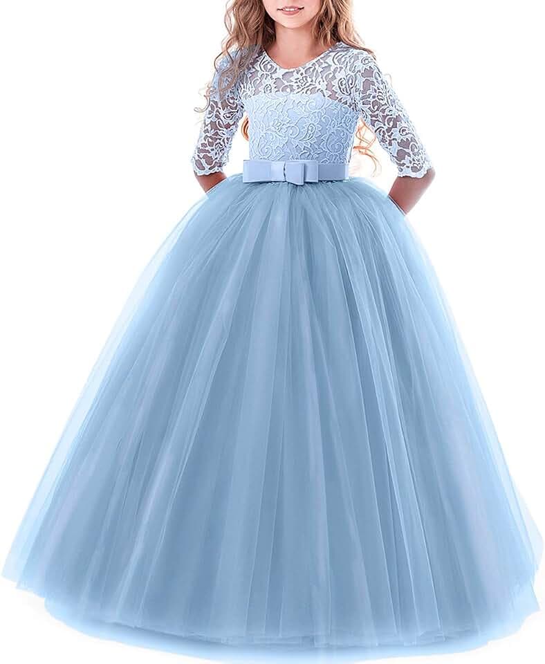 Blumenmädchen Spitze 3/4 Ärmel Kleid Hochzeit Brautjungfer Erstkommunion Abend Party Bodenlanges Kleid Kinder Prinzessin Festzug Geburtstag Abschlussball Karneval Weihnachten Ballkleid