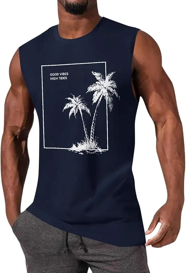 Mens Summer Beach Tank Top Tropical Hawaiian Palm Tree Print Sleeveless Shirts Muscle Tee Vacation Shirts