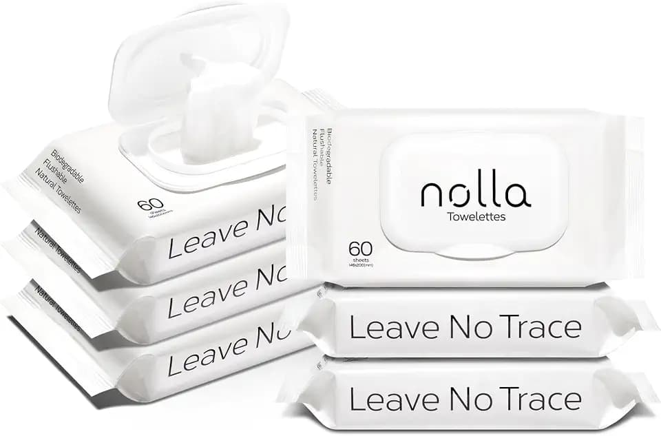 Nolla Flushable Wipes, 100% Plant-Based, Plastic-Free and Biodegradable - For Adults and Kids - Unscented + Soothing Aloe and Vitamin E 360 Count (6 Packs of 60)