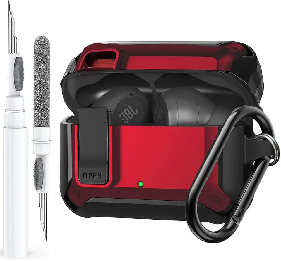 Compatible with JBL Vibe Beam/Beam 2 Case Cover Lock Clip with Cleaner Kit,Cool Protective JBL Vibe 200TWS Cover Men Women with Carabiner for JBL Vibe Beam 2 Charging Case - Red
