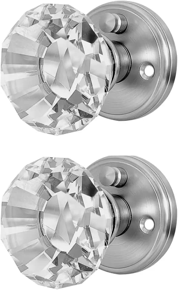 Crystal Door Knob with Lock, Glass Door Knobs Interior Privacy/Passage Set, Vintage Decorative Antique Style Handle for Bedroom, Bathroom, Closet (Satin Nickel, Privacy Function - 2 Pack)