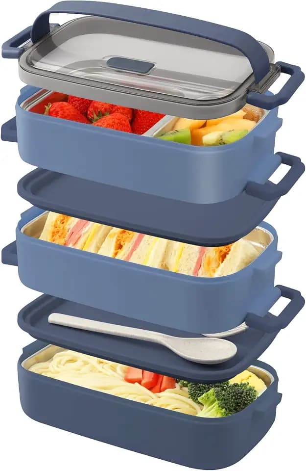 3 Etagen Lunchbox für Erwachsene, 2200 ml Brotdose mit mit 3 Edelstahl Inner, Stapelbare Bento Box mit Griff & Besteck, auslaufsicher, BPA-frei, mikrowellen- und spülmaschinenfest, blau