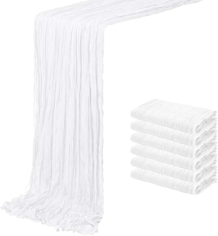 6 Pack White Cheesecloth Table Runner 20 x 120 inch Gauze Table Runners 10 FT Long,Semi Sheer Boho Cheese Cloth Fabric Table Runner Bulk for Wedding,Party,Baby Shower,Bridal Shower Decoration