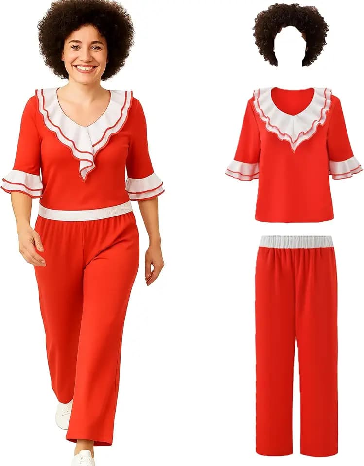 I'm 50 Women Red Top T-shirt Pants Kick Costume With Big Wavy Wig Halloween Lady Movie Show Cosplay Dress Up