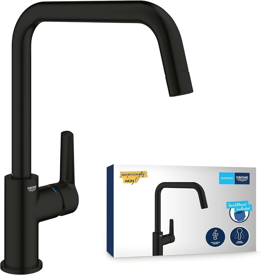 GROHE Start, Niederdruck Küchenarmatur mit hohem Auslauf (Wasserhahn Küche für offene Warmwasserbereiter, 150° schwenkbar, wassersparend, werkzeugfreie Spülbecken-Montage), mattschwarz, 1012422430