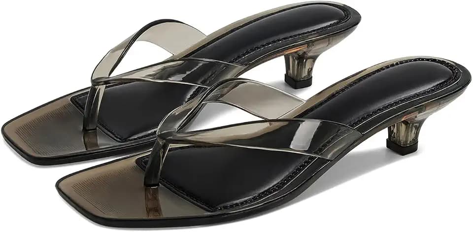 Dsevht Jelly Kitten Heel Sandals for Women Flip Flop Thong Cute Low Small Heel Clear Square Open Toe Summer Beach Slip On heeled sandal Mule Shoes
