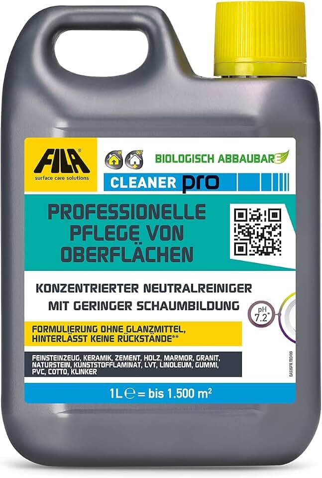 FILA Surface Care Solutions, CLEANER PRO, Professionelles Neutrales Fliesenreiniger Intensiv, All Purpose Cleaner, Reiniger für PVC Bodenbelag, Parkett, Vinylboden, etc. Bis zu 40 Wäschen, 1L