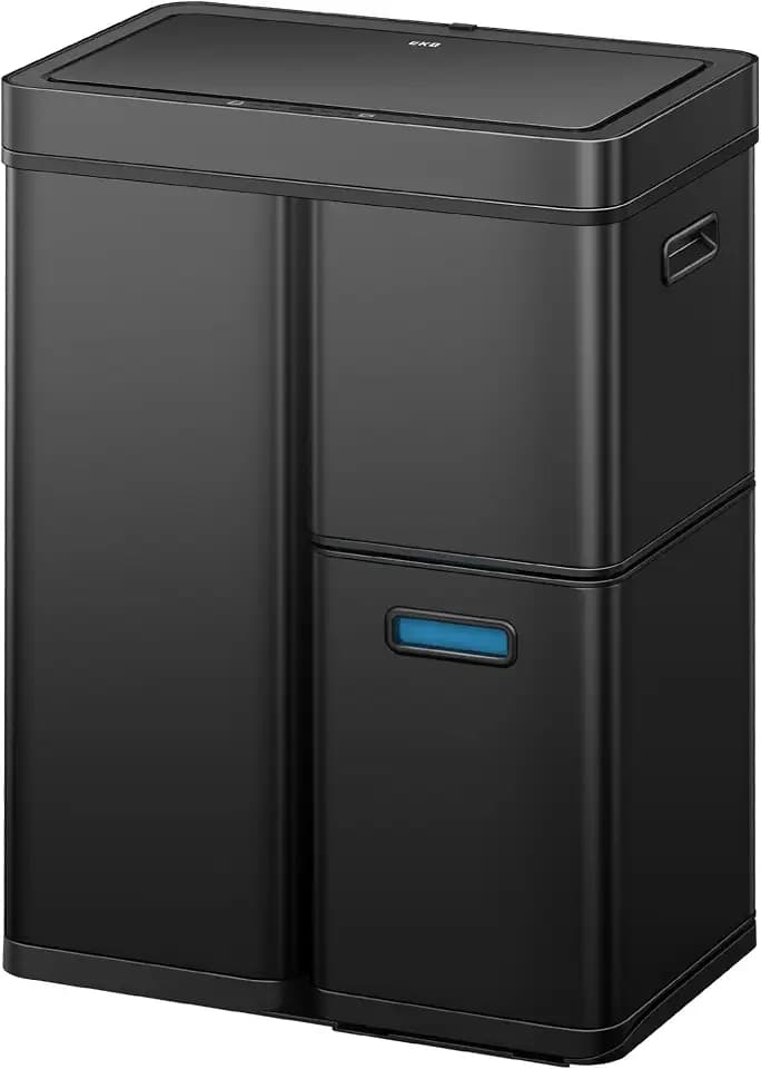 EKO Mülleimer mit 3 Fächer, 2 x 15 L und 30 L, Recycler Mülleimer mit Sensor, 3 Kunststoff Inneneimer, Automatischer Abfalleimer mit Deckel, großer Mülleimer Küche 60l, Mattschwarz