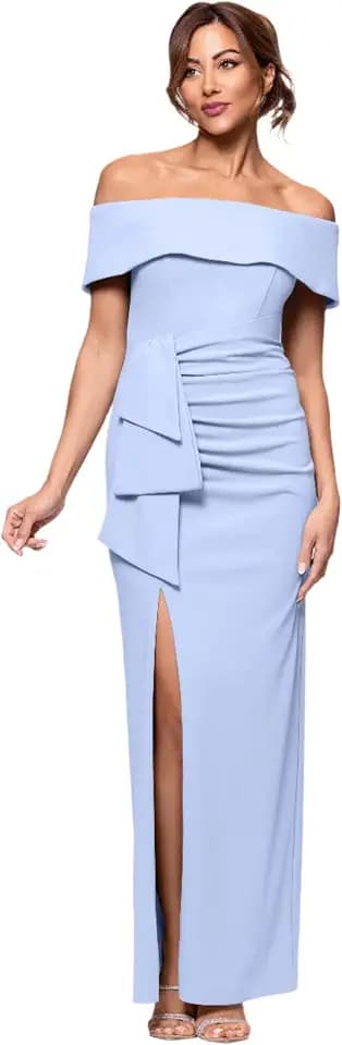 Xscape Women's Off Shoulder Straight Neck Evening Gown with Foldover Cuff, Side Ruffle, Leg Slit, Fitted Formal Dress