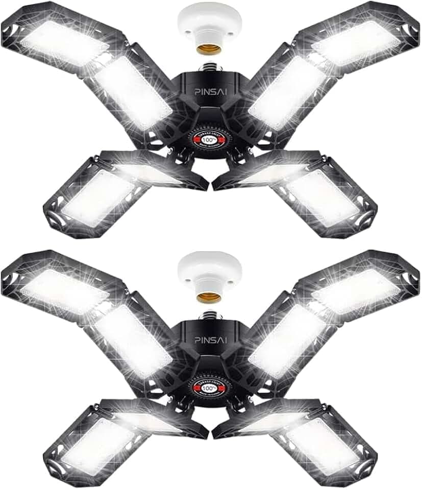 2 Pack LED Garage Light,Super Bright Screw in E26/E27 Ceiling Shop Work Lamp, 200W 20000 Lumen Deformable Basement Bulb Fixture with 8 Adjustable Panels