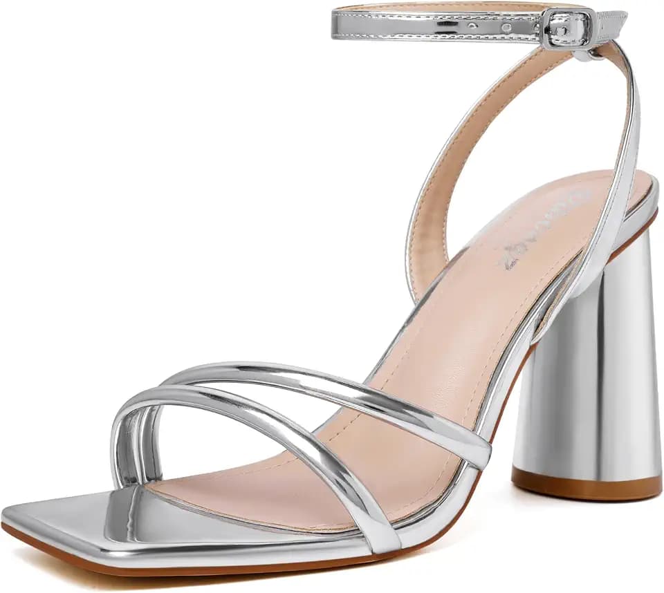 RIBONGZ Block Heels Prom Heeled Sandals for Women Chunky Square Open Toe Strappy High Heels Ankle Strap Wedding Bridal Shoes High Heel Sandals for Party Dress
