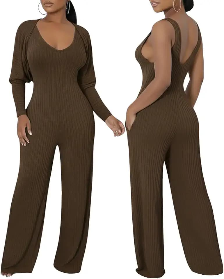 Womens 2 Piece Outfits Ribbed Wide Leg V Neck Jumpsuits with Cardigan