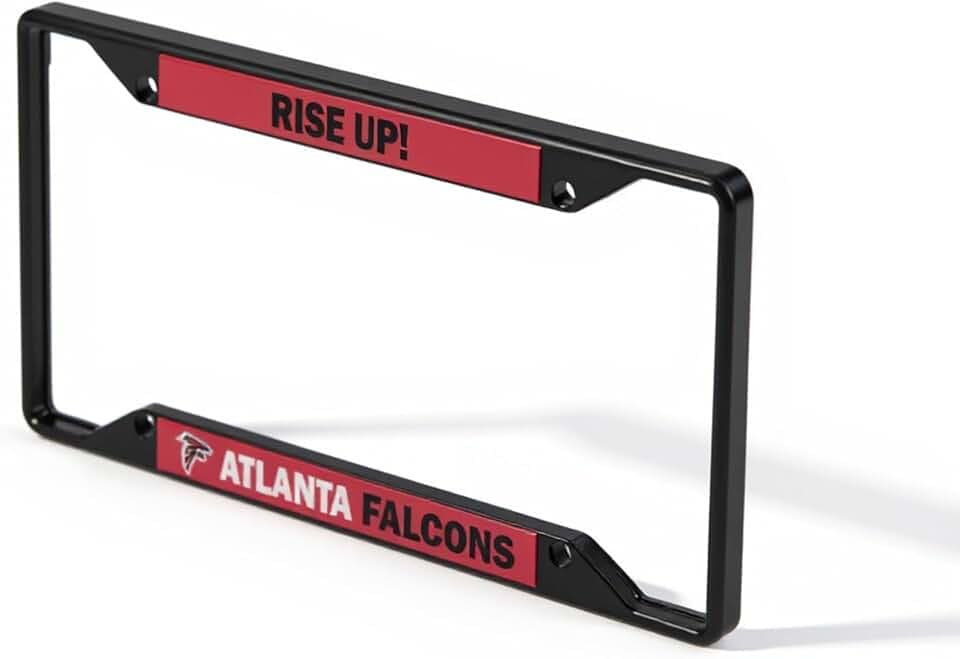 NFL Atlanta Falcons “Rise UP!” Premium Long Lasting Black Metal Team License Plate Frame – 4 Screw Tag Holder with Highlighted Team Pride Cheer - Complement Any Color Truck, SUV, Car