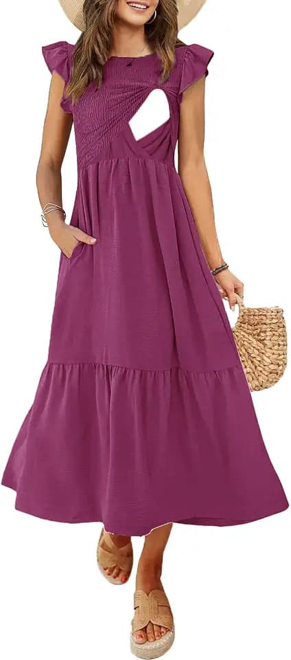 CzzzyL Women's Nursing Dress Flutter Sleeve Crew Neck Smocked Midi Pockets