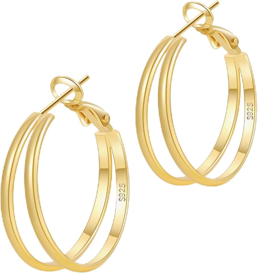 2mm Double Hoop Earrings for Women Lightweight Trendy Medium Larg Gold/Silver Hoops Hypoallergenic S925 Silver Post Earring Non Tarnish Earrings Gift For Women