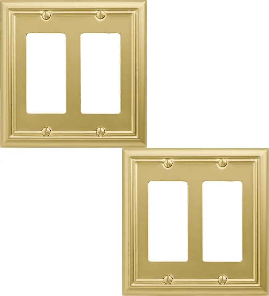 OKAWYC Double Decorator Light Switch Cover Adler Metal Wall Plate, 2-Pack Brushed Brass 2 Gang Double Rocker, for Receptacle Dimmer Switch GFCI Outlet Decorative Wallplate, Durable