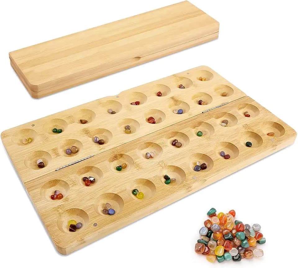 Steinchenspiel, Spiel Edelsteinspiel aus Holz inkl, 65 Juwel Kalaha Spiel, Mancala Kalaha Faltbar und Leicht zu Tragen Strategiespiele für Kinder Erwachsene Strategiespiel Geschenk
