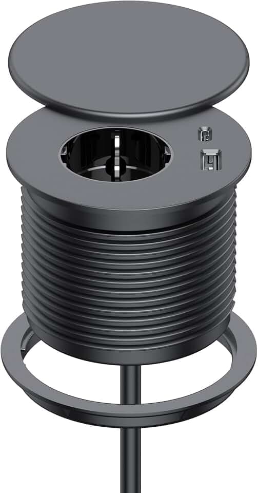 Einbausteckdose mit Deckel, 2 USB, Schuko, Ø 80 mm,Schwarz