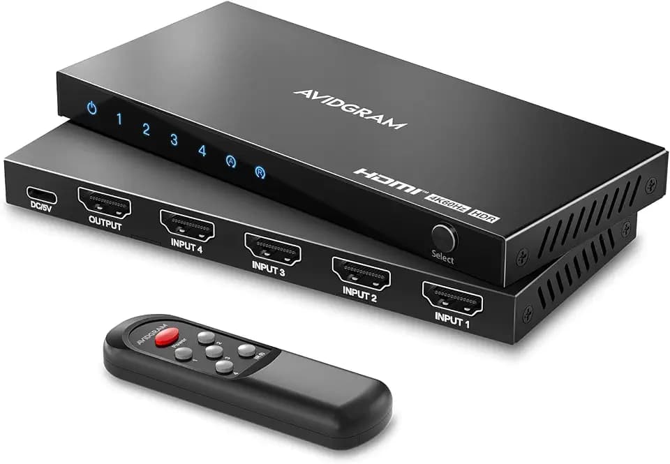 HDMI Switch 4K 60Hz, AVIDGRAM HDMI 2.0 Umschalter 4 in 1 Out, 4 Port Selector Box with IR Remote Control Support HDCP 2.2 HDR10 3D 18Gbps Compatible with Xbox PS4 HDTV Monitor