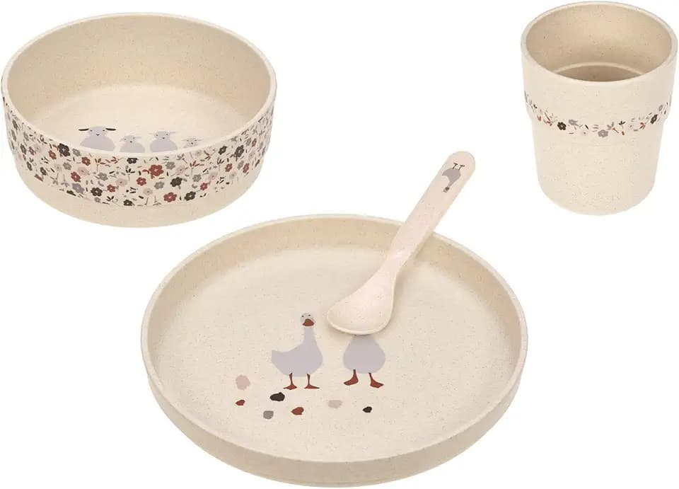 LÄSSIG Kindergeschirr Set (Teller, Becher, Schälchen, Löffel) ohne Melamin, BPA-frei, für Spülmaschine und Mikrowelle/Dish Set Tiny Farmer Goose
