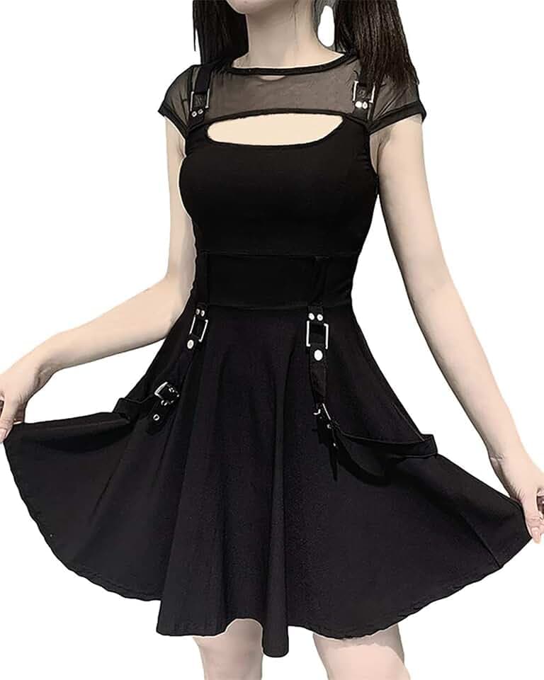 Damen Gothic schwarzes Kleid Mall Goth Ästhetisches Alt Kleid Y2K Emo Rock Kleid Harajuku Grunge Neckholder Kleider