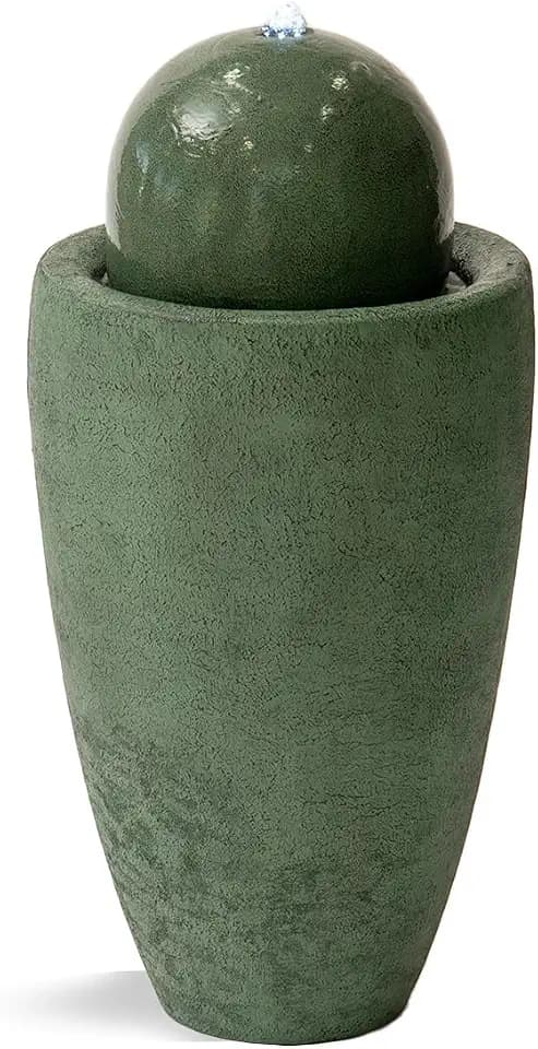 XBrand 25.98" Modern Sphere Water Fountain with LED Light – Indoor Outdoor Stone Texture Floor Fountain, Zen Bubbling Ball Water Feature for Garden Patio Porch - Green