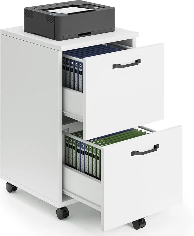 Sweetcrispy 2 Drawer Filing Cabinet White, Rolling Wood File Cabinets, Home Office Organizer, Under Desk Storage Lockable Wheels, Printer Stand, Storage Cabinet, White