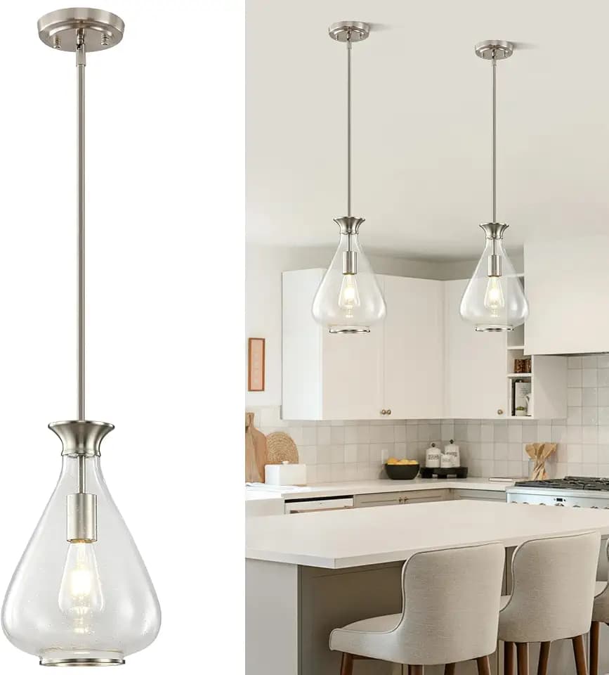 2 Pack Modern Pendant Lights Kitchen Island, Brushed Nickel Pendant Light Fixtures with 8.5" Clear Air Bubble Glass Shade, Industrial Hanging Pendant Lights Fixture for Kitchen Island Dining Room