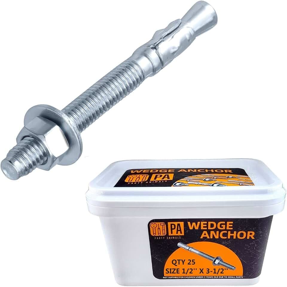 Party Animals 1/2 x 3-1/2 Inch Wedge Anchor, 25 PCs Zinc-Plated Industrial Anchor Bolts for Cement, Concrete