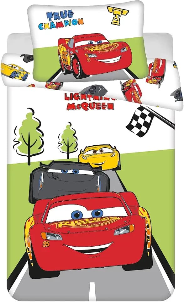 Disney Cars Champion Baby-Bettwäsche-Set | 100 × 135 cm Bettbezug + 40 × 60 cm Kissenbezug – 100% Baumwolle | Offizielle Disney-Lizenz Lightning McQueen | Kinderbett