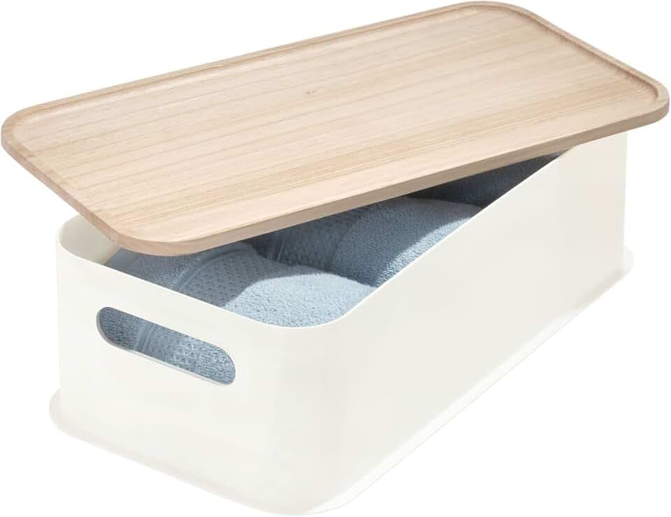 iDesign Aufbewahrungsbox, mittelgroße Aufbewahrungskiste mit Griffen aus BPA-freiem, recyceltem Kunststoff, Organizer Behälter mit Deckel aus Paulownia-Holz, weiß, Polypropylen, 13,6x21,6x43,2cm,08671