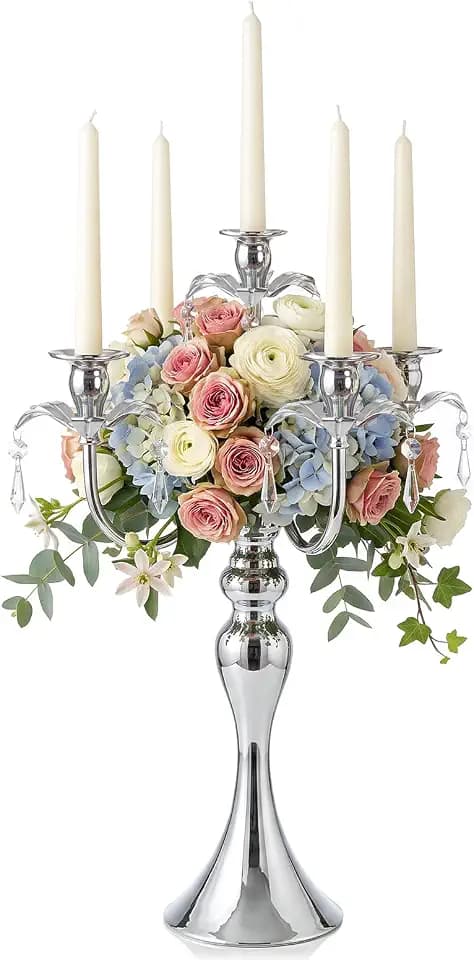 20.3'' Tall 5 Arm Candle Holder Centerpiece for Table, Metal Candelabra Candle Holder, Retro Candlestick Table Centerpieces for Party, Events, Home, Wedding Decor (1Pc, Silver)