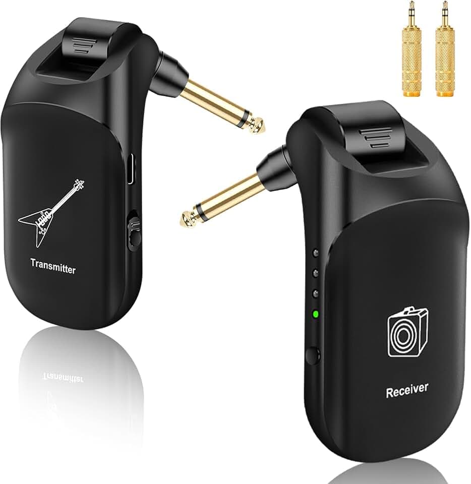Bluetooth Wireless Guitar System: Upgraded UHF Wireless Transmitter Receiver for Guitar Bass Violin Keyboard Stereo and Mono 6.35 & 3.5mm 2 in 1 Plug