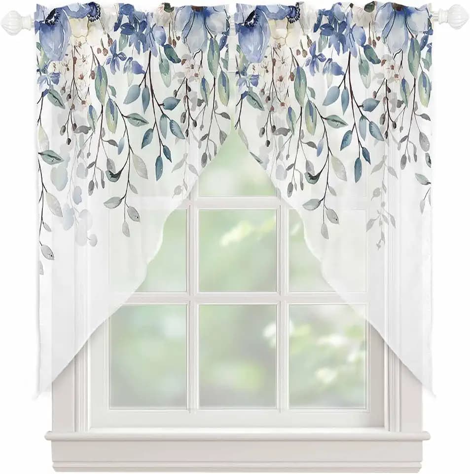 Blue Eucalyptus Leaf Swag Valances for Windows Summer Flowers Leaves Watercolor Semi Sheer Valance Curtains Floral Voile Swags Topper Curtain for Kitchen Living Room Bedroom, 2 Panels, 36x63 Inch