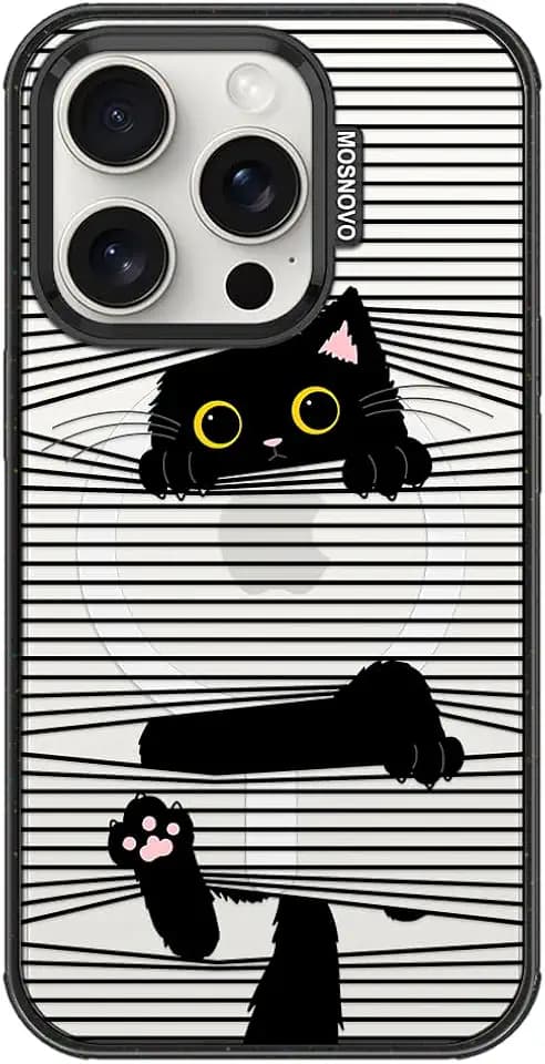 MOSNOVO for iPhone 15 Pro Case for MagSafe, Hidden Black Cat, Black