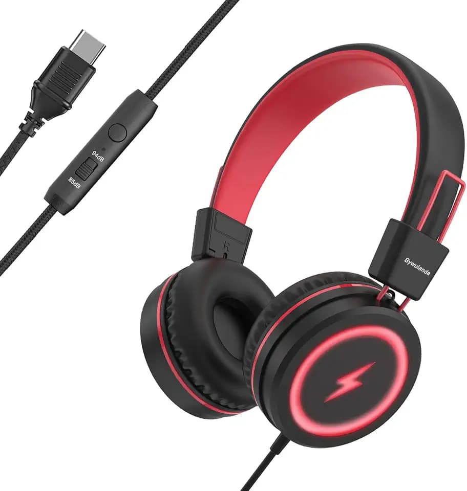 Bywulanda Kids Headphones with LED Lights, USB Type C Headphones for School