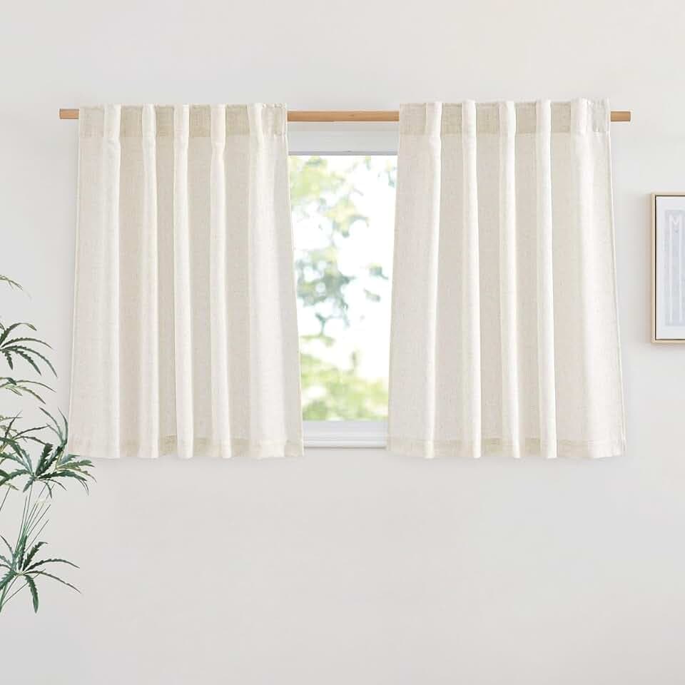 NICETOWN Linen Burlap Short Kitchen Curtains 36 inches Long, Rod Pocket & Back Tab Semi Sheer Flax Linen Weve Window Treatments Privacy with Light Filtering for Cafe, W42 x L36, 2 Panels