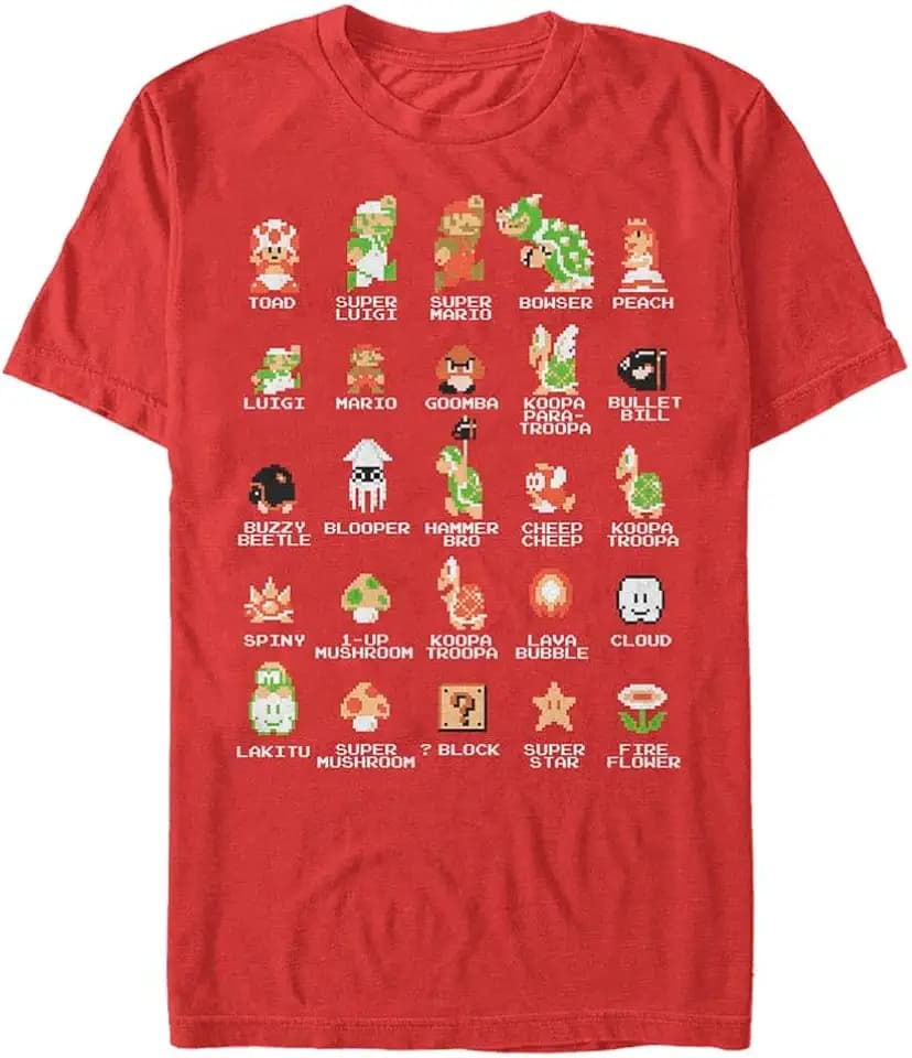 Nintendo Men's Pixel Cast Super Mario Bros Characters Graphic Tee