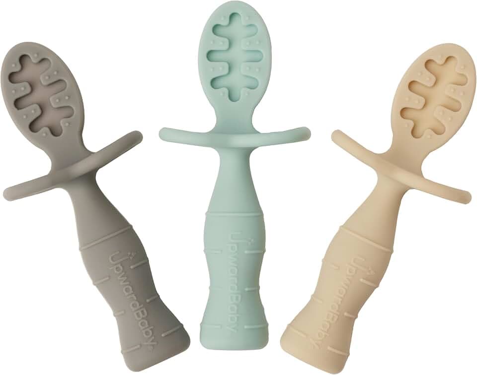 Upward Baby Silicone Baby Feeding Spoon with Anti Choke Barrier - Baby Spoons Self Feeding 6 Months, First Stage Infant Supplies and Toddler Utensils, Baby Led Weaning Soft-Tip Training Spoon, 3 Pack