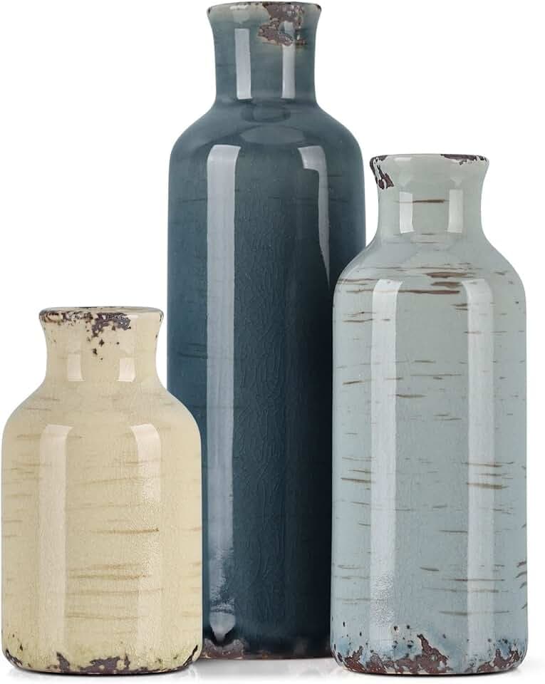 Mehrfarbiges Keramikvasen-Set im 3er-Pack, Küstestil, rustikal, Landhausstil, für Regal, Esstisch, Kaminsims, Wohnzimmer, Couchtisch, Tischplatte, Küchenschrank und Eingangsbereich