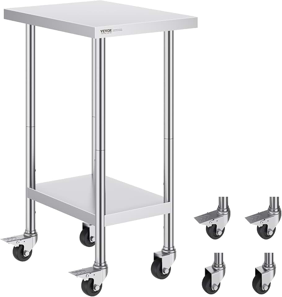 VEVOR Edelstahl Arbeitstisch Küche, Edelstahltisch Küchetisch mit 4 Universalrädern Rollen, 61 x 45 x 95 cm