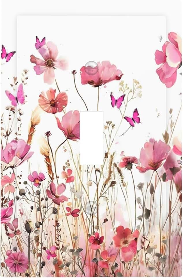 Boho Floral Pink Poppy Wildflower Butterfly Decorative Light Switch Cover 1 Gang Single Toggle Device Electrical Faceplate Switchplates Decorator Outlet Wall Plate for Bedroom Living Room Decor