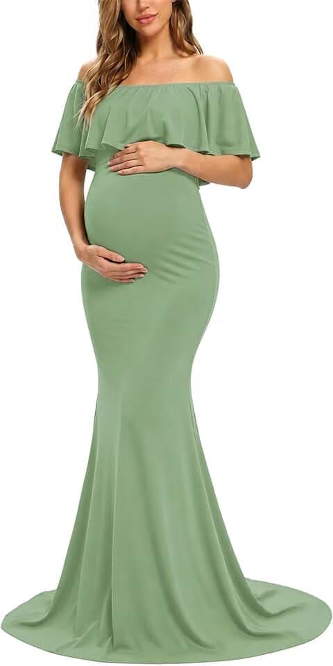 Glampunch Schulterfreies Umstandskleid für Damen, mit Rüschen, elegant, Kleid mit schmaler Passform, Maxi-Kleid für Fotoshootings