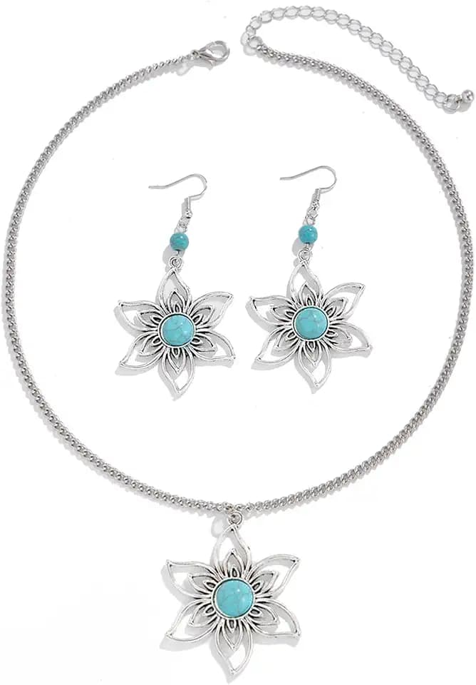 Turquoise Jewelry for Women Bohemian Western Jewelry Set Turquoise Floral Pendant Necklace Boho Western Jewelry for Women
