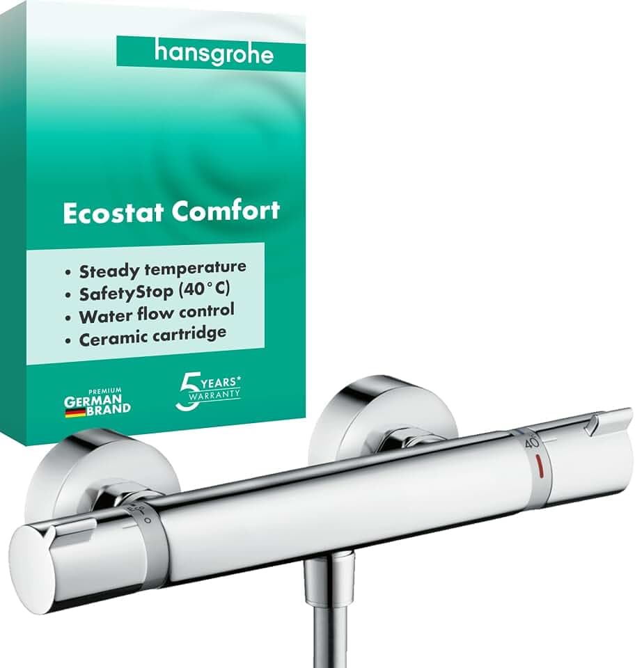hansgrohe Ecostat Comfort - Duschthermostat Aufputz, Duscharmatur mit Sicherheitssperre (SafetyStop) bei 40° C, rundes Thermostat für die Dusche, Mischbatterie für 1 Verbraucher, Chrom, 13116000